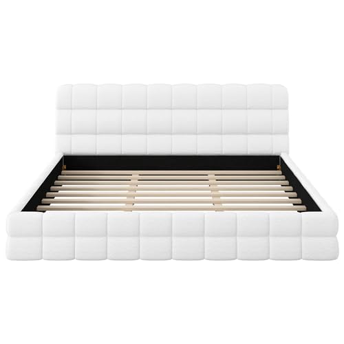 JIVOIT King Size Upholstered Platform Bed with Headboard, Berber Fleece Fabric (White & 12,King)