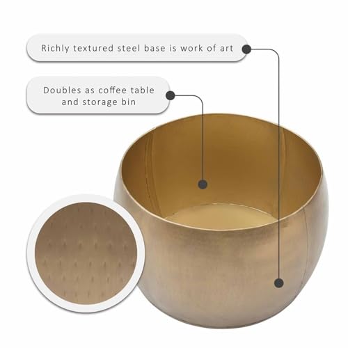 Large Drum Accent Table, 27.5 in, Mango Wood & Hammered Brass Finish, Hidden Storage, Modern Coffee Table or Ottoman, Handcrafted Decorative Furniture for Living Room or Bedroom