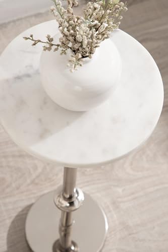 Engles Traditional Adjustable-Height Pedestal Drink Table; 10 x 10 x 30; White Marble and Silver Chrome; Vintage Round Indoor Metal Plant Stand with Authentic Marble Tabletop