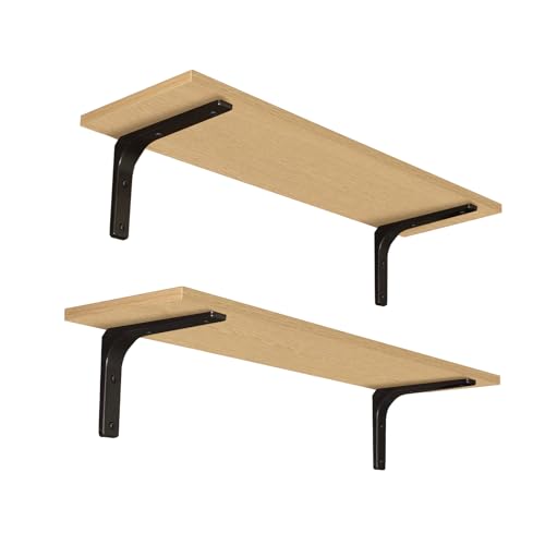 Long Wall Shelves, 31.5 Inch Wall Mounted Shelves Set of 2, Easy-to-Install, Floating Storage Ledges with Sturdy Metal Brackets for Living Room, Bathroom, Bedroom, Kitchen, Natural
