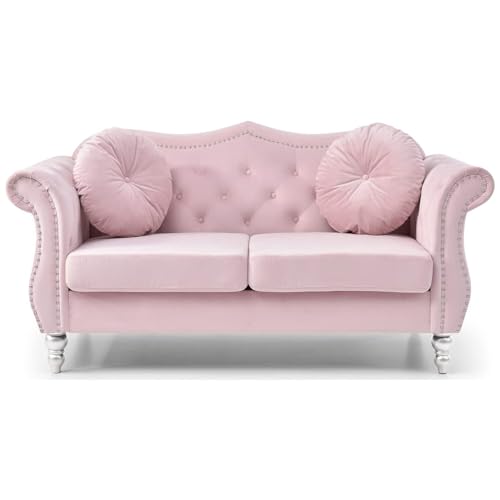 Velvet Loveseat, 68" Wide, Dark Gray - Hollywood Regency Style Sofa Pink