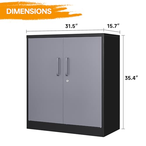 STANI Metal Storage Cabinet with 2 Adjustable Shelves Steel Counter Cabinet with Lockable Doors for Home Office