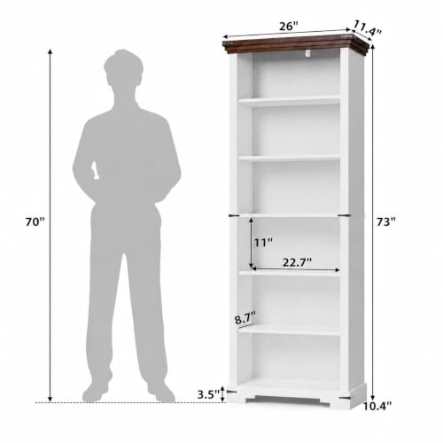 6-Tier Farmhouse Bookshelf, 73 inch Tall Bookcase with 2 Adjustable Shelves, view 3