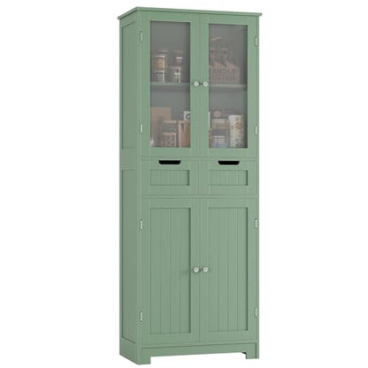 67" Tall Bathroom Storage Cabinet, Freestanding Storage Cabinet with Glass Door and Shelves, Kitchen Pantry Linen Cabinet with 2 Drawers for Bathroom, Living Room, Dining Room, Green