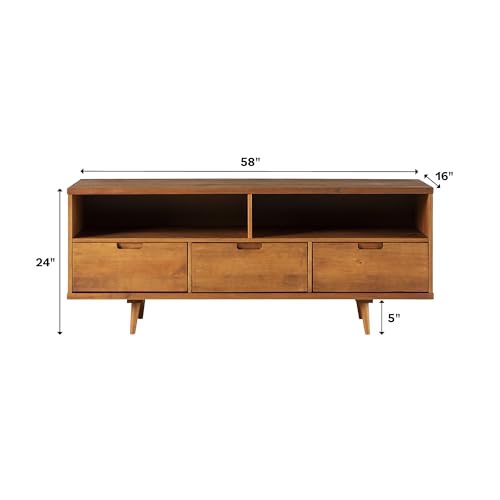 3-Drawer Mid Century Modern Wood TV Stand for TV's up to 65" Flat Screen Cabinet Door Living Room Storage Entertainment Center, 58 Inch, Caramel
