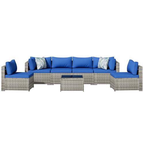 7 Piece Patio Furniture Set, Outdoor Wicker Patio Sofa Set, PE Rattan Sectional Couch with Glass Table and Blue Cushions, All-Weather 7 Piece Outdoor Patio Furniture Sets, Grey