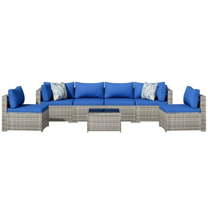 7 Piece Patio Furniture Set, Outdoor Wicker Patio Sofa Set, PE Rattan Sectional Couch with Glass Table and Blue Cushions, All-Weather 7 Piece Outdoor Patio Furniture Sets, Grey