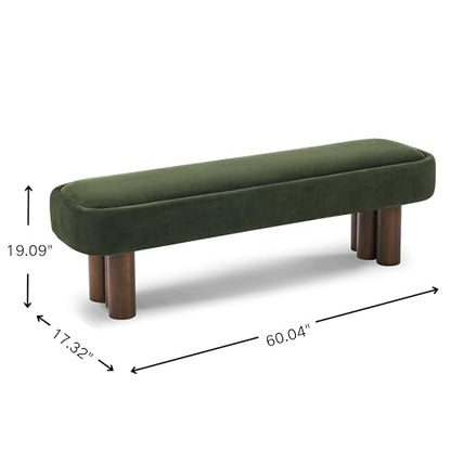 60.04" Green Upholstered Dining Bench with Walnut-Finished Rubberwood Legs – Fabric Seating Bench for Kitchen, Dining Room, Living Space, Supports 250 lbs
