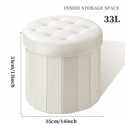 Folding Storage Ottoman Round 15Inch, Foot Stool with Thicker Foam Padded Seat Small Velvet Storage Ottoman Bench Foot Rest for Living Room Foldable Coffee Table,Beige