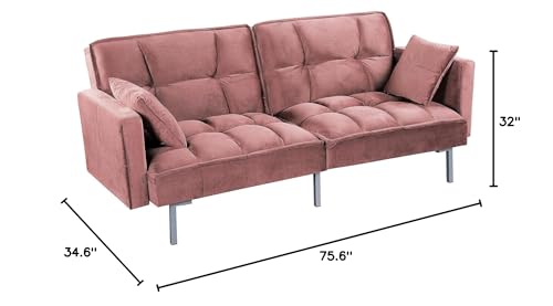 Regal 75.6" Velvet Convertible Sofa Bed - Mid-Century Sleeper Couch w/Tufted Design & Metal Legs - Pull-Out Futon for Guests/Home (75.6" W x 34.6" D x 32" H), Green
