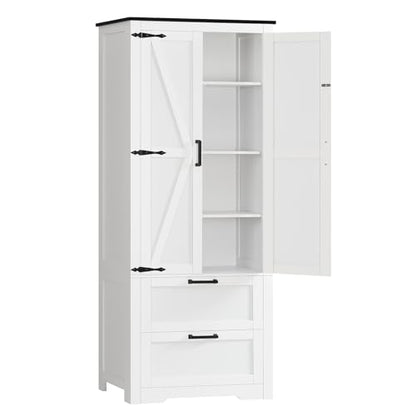 66.1" H Storage Cabinet with 2 Drawers, Farmhouse Kitchen Pantry Cabinet with 2 Doors & Adjustable Shelf, Bathroom Cabinet, for Living Room, Kitchen, Bathroom, White