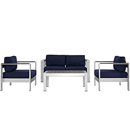 Shore Outdoor Patio Collection | Durable Aluminum Sectional Sofa Set - Silver Navy | Enhance outdoor relaxation with this elegant furniture set. Includes Coffee Table, Loveseat, and Armchairs.