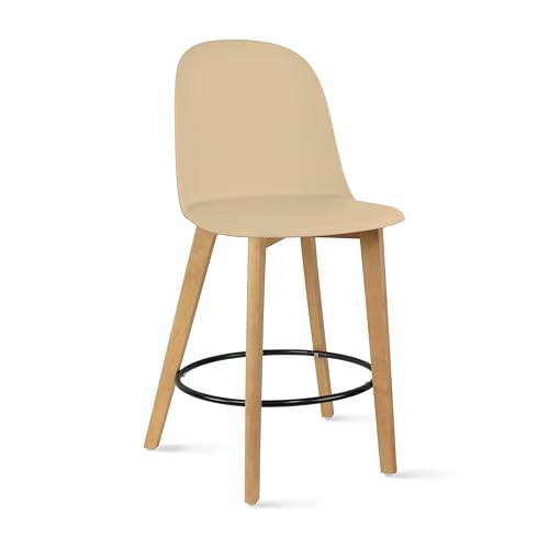 Set of 2 Counter Height Barstools | Mid Century Modern Molded Plastic Seat | Solid Wood Legs with Round Metal Footrest | Kitchen Island Bar Chair | Non-Slip Feet, Beige