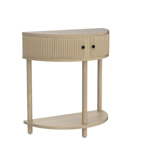 Fluted Half Moon Shaped Console Table, Small Entry Desk, Living Room Furniture, Modern Home Decor, Solid Wood Entryway Table with Two Doors and Black Knobs (Natural Oak)