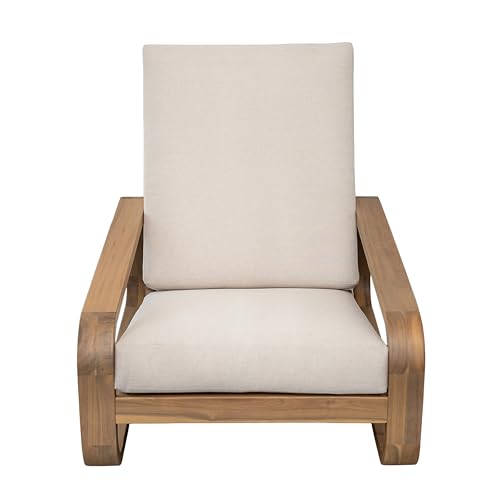 Tustin Acacia Wood Lounge Chair Outdoor with Removable Cushion, Solid Wood Patio Accent Chair with Cushion, Patio Furniture Set Sofa Chair, Light Teak+Beige