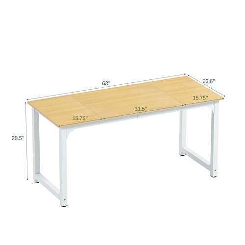 Modern Computer Desk 63 Inch Large Office Desk, Writing Study Table for Home Office Desk Workstation Wide Metal Sturdy Frame Thicker Steel Legs, White