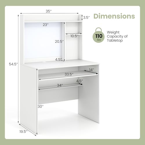 White Desk with Hutch, Small Computer Workstation with Bookshelf, view 3
