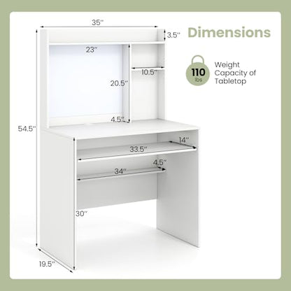 White Desk with Hutch, Small Computer Workstation with Bookshelf, view 3