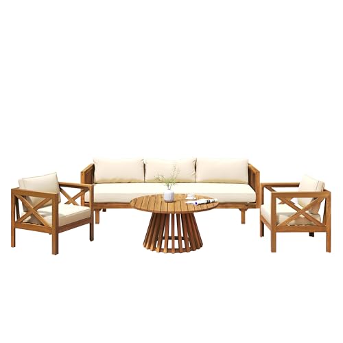 Outdoor 4-Piece Acacia Wood Conversation Set - Patio 3-Seat Loveseat Sofa Daybed with Cushion, 2 Armchair and Round Coffee Table for Backyard, Lawn, Balcony, Teak + Beige