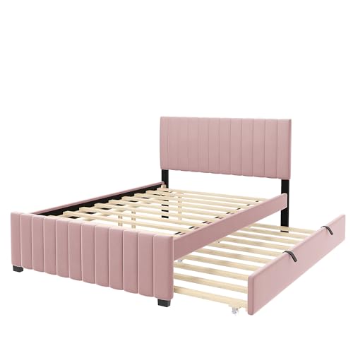 JIVOIT Velvet Fabric Upholstered Platform Bed, Full Size Platform Bed with Twin Size Trundle, Upholstered Headboard and Wood Slats Support for Teens (Pink/Full,486)