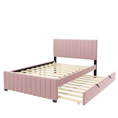 JIVOIT Velvet Fabric Upholstered Platform Bed, Full Size Platform Bed with Twin Size Trundle, Upholstered Headboard and Wood Slats Support for Teens (Pink/Full,486)