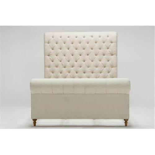 Eden Home Mid-Century Upholstered Tufted Full Bed Frame, Fabric Material, Cream Finish, Tall Button Tufted Headboard, Slats Included, 66.3" H x 59.6" W x 95.3" D, Elegant Bedroom Furniture