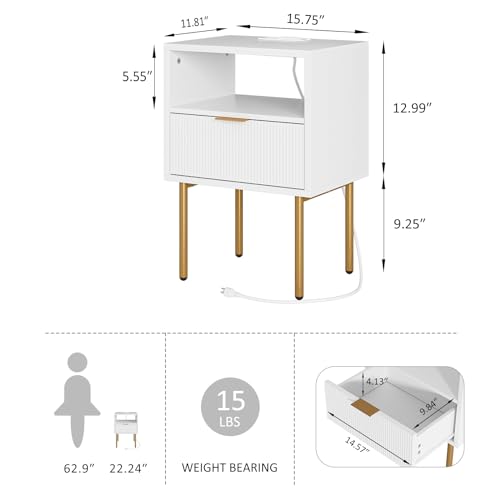 Nightstand with Charging Station,Morden Bedside Table with Gold Frame,Small White Night Stand,End Table,Bedside Furniture,Side Table with Drawer and Shelf for Bedroom,Living Room