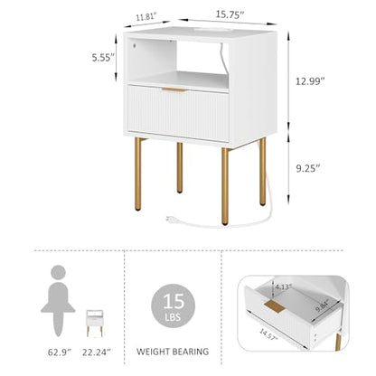 Nightstand with Charging Station,Morden Bedside Table with Gold Frame,Small White Night Stand,End Table,Bedside Furniture,Side Table with Drawer and Shelf for Bedroom,Living Room