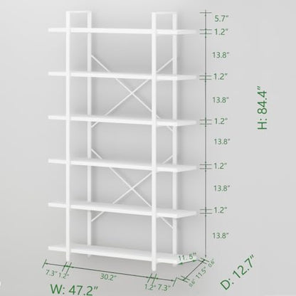 6 Tier Tall White Bookshelf, Industrial Modern Vertical Metal and Wood White Bookcases 6 Shelf,Farmhouse Open Large Storage Book Shelves & Display Book Shelf for Bedroom Living Room Office