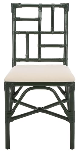 SAFAVIEH Furniture - Christine Set of 2 Dining Chairs - White & Forest Green - Upholstered Rattan Seating - Fully Assembled - Ideal for Dining Room, Kitchen, 17.3" Seat Height (ACH6507E-SET2)