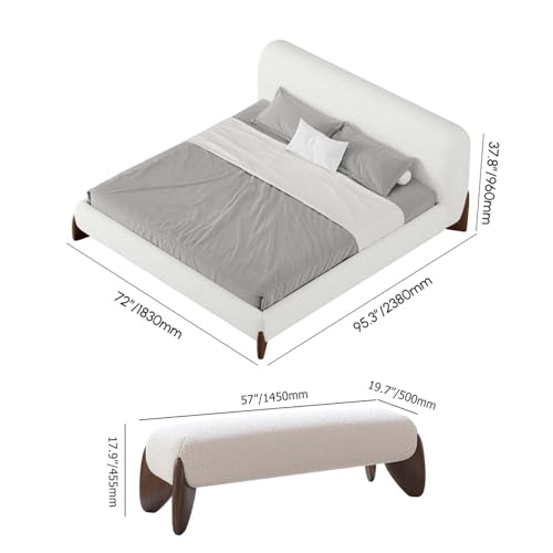 Modern Bedroom Furniture Set 2 Piece, White Boucle Queen Size Platform Bed Set & Bedroom Bench with Solid Rubber Wood Legs, Upholstered Headboard for Master Suite or Guest Room