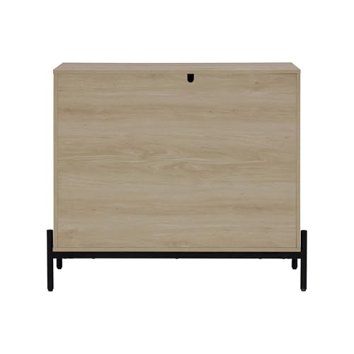 Nathan James Andrew 3-Drawer Rattan Dresser or Boheminan Living Room Storage Cabinet with Natural Rattan Accent and Metal Legs, Light Oak/Black