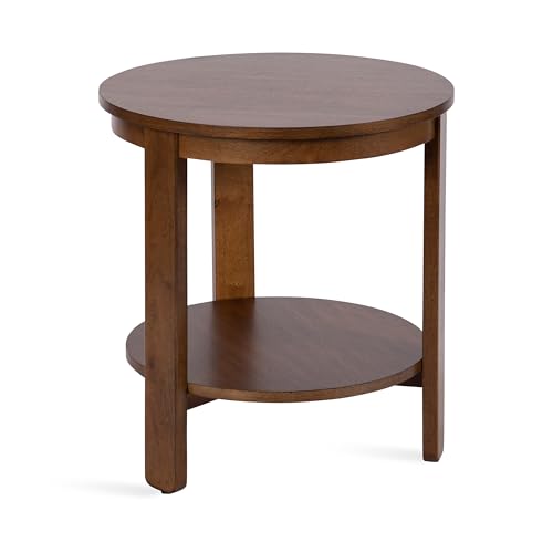 Foxford Tiered Round Side Table; 22 x 22 x 24; Walnut Brown; Transitional Two-Tier Circle Nightstand Table with Storage and Resilient Wood Construction for Bedroom Decor