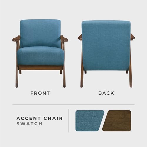 Mid Century Modern Accent Chair with Solid Wood Frame in Walnut Finish, Upholstered Living Room Lounge Arm Chair, Thick and Comfy Innerspring Seat Cushion, Linen-Look Fabric, Blue