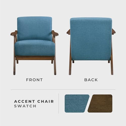 Mid Century Modern Accent Chair with Solid Wood Frame in Walnut Finish, Upholstered Living Room Lounge Arm Chair, Thick and Comfy Innerspring Seat Cushion, Linen-Look Fabric, Blue