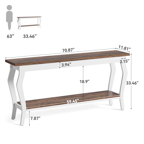70.9 Inches Long Console Table, 2-Tier Vintage Wooden Sofa Table Behind The Couch with Metal Legs for Hallway, Entryway, Living Room, Brown & White