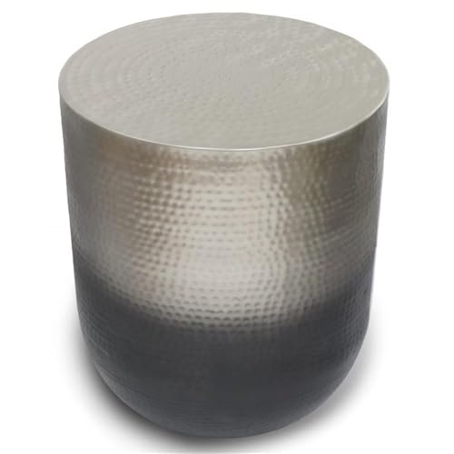 Small Boho End Table for Living Room, Round Accent Bed Side Table for Small Spaces, Narrow Metal Nightstand, Unique Rustic Circle Telephone Table for Sofa Side, Antique Silver and Black Gradient Ombre