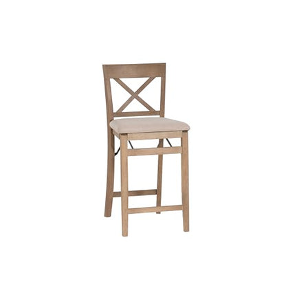 Triena X Back Neutral Greywash Wooden Fully Assembled Folding 24 Inch Seat Height Counter Stool with Beige Upholstered Seat