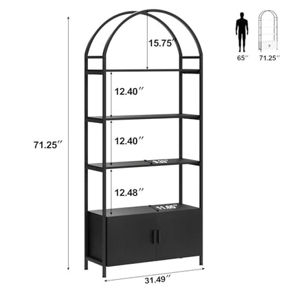 Arched Bookshelf, Bookcase with Doors Storage, 71 Inches Tall Industrial Book Shelf with Sturdy Metal Frame, E1 Quality Boards, Freestanding Display Shelving Unit, Black