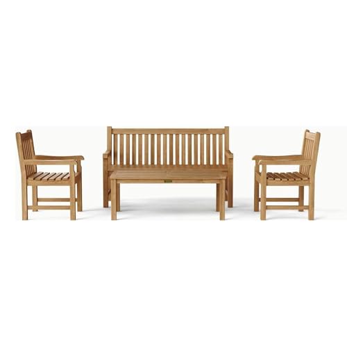 Classic 3-Seater 4-Piece Conversation Set Solid Teak Wood Outdoor Furniture with Cushions Patio Garden Lounge Set Include Sofa Armchairs Coffee Table Handcrafted Weather-Resistant Luxury Set