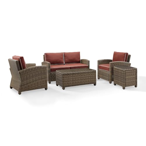 Crosley Furniture KO70050WB-SG Bradenton Outdoor Wicker 5-Piece Seating Set (Loveseat, 2 Arm Chairs, Side & Coffee Table), Weathered Brown with Sangria Cushions