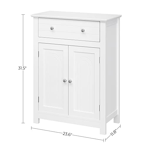 SONGMICS VASAGLE Free Standing Bathroom Cabinet with Drawer and Adjustable Shelf, Kitchen Cupboard, Wooden Entryway Storage Cabinet White, 23.6" L x 11.8" W x 31.5" H, UBBC61WT