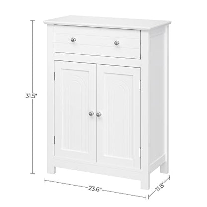 SONGMICS VASAGLE Free Standing Bathroom Cabinet with Drawer and Adjustable Shelf, Kitchen Cupboard, Wooden Entryway Storage Cabinet White, 23.6" L x 11.8" W x 31.5" H, UBBC61WT