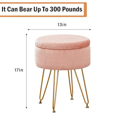Foot Stool Velvet Storage Ottoman with Removable Lid Round Sofa Stools Foot Rest with Padded Seat Modern Style Makeup Stool Decorative Furniture Suitable for Lounge Dorm Room Blush