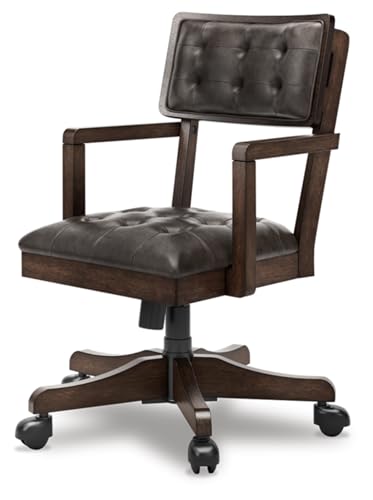 Signature Design by Ashley Breckington Contemporary Faux Leather Tufted Home Office Desk Chair with Adjustable Height and Casters, Solid Wood, 28.75" W x 28.75" D x 38" H, Dark Brown