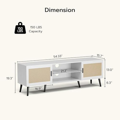 TV Stand with Rattan Doors for TVs up to 65", Mid-Century, White, view 3