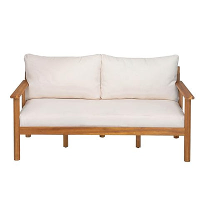 Willy Acacia Wood Outdoor Loveseat and Coffee Table Set, 2 Piece Patio Furniture Set with Water-Repellent Cushion, Solid Wood Outdoor Conversation Set, Beige+Teak