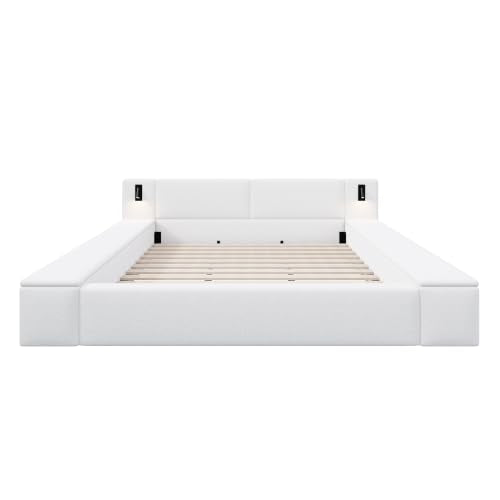 Queen Size Teddy Fleece Platform Bed, Hidden Storage & Built-In Nightstands