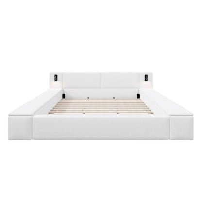 Queen Size Teddy Fleece Platform Bed, Hidden Storage & Built-In Nightstands