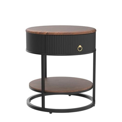 Round End Table with Drawer, Wood Grain Bedside Table, Brown and Black | 2-Tier Nightstand with Drawer, Side Table, Shelf, MDF Board, PVC, Metal Frame, Living Room, Bedroom, office